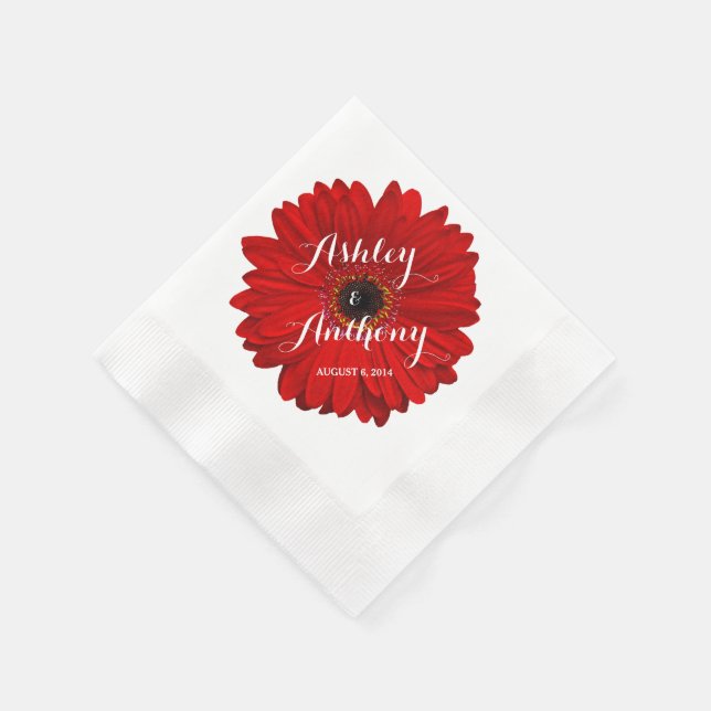 Red Gerbera Gerber Daisy Personalized Wedding Napkin (Corner)