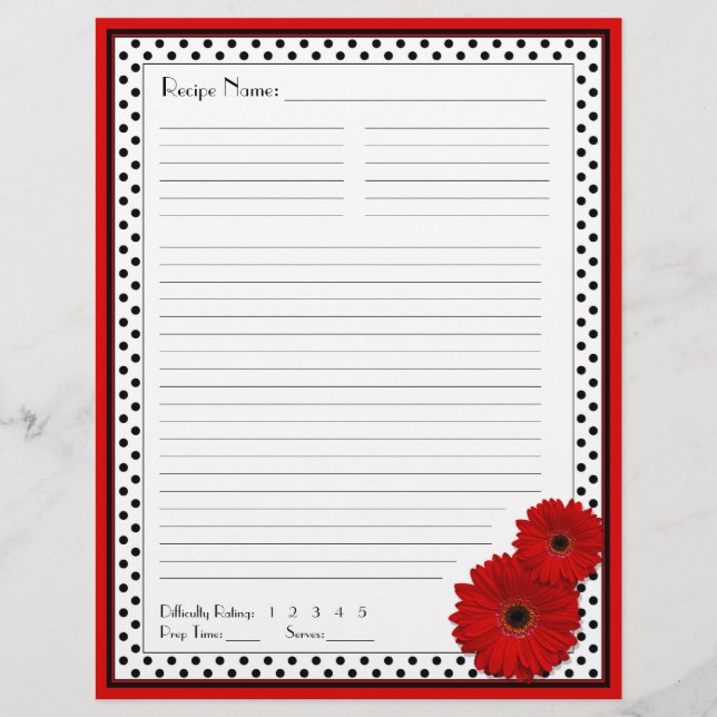 Red Gerbera Polka Dot Binder Recipe Inserts (Front)