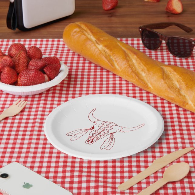 Red Ghost Dance Buffalo line paper plates (Picnic)