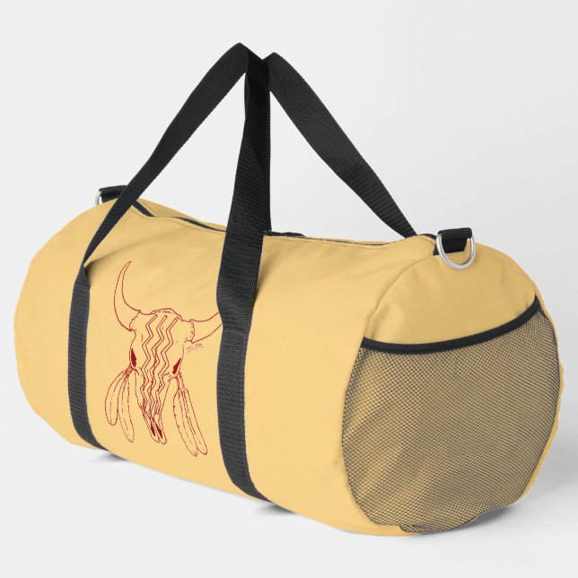 Red Ghost Dance Buffalo line tan lg duffel bag (Right Corner)