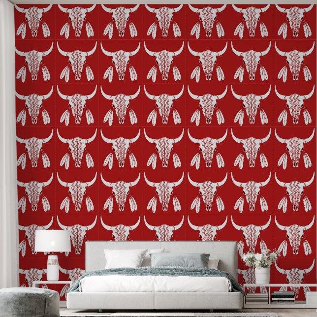 Red Ghost Dance Buffalo textured vinyl wallpaper (Bedroom)
