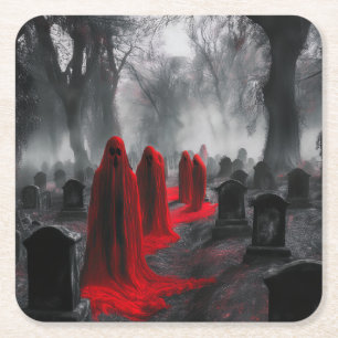 Red Ghosts Have Gathered In Graveyard Square Paper Coaster
