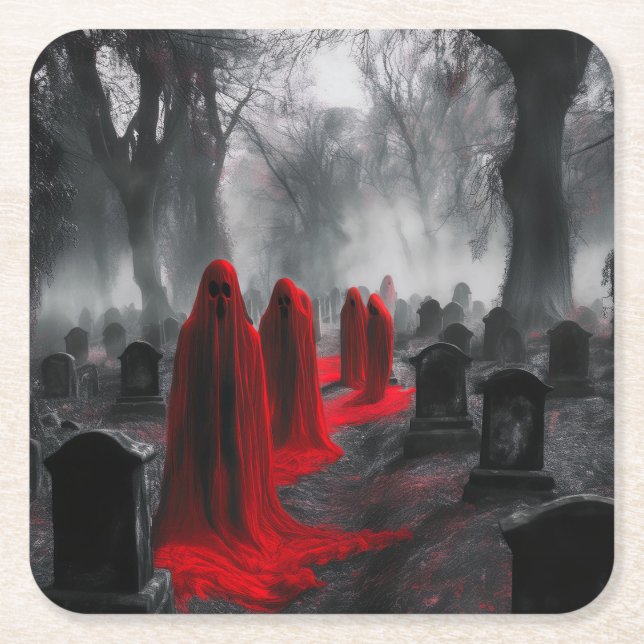 Red Ghosts Have Gathered In Graveyard Square Paper Coaster (Front)