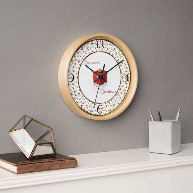 Red Gift Box Gold Holly Flourish Christmas Clock (Office)