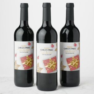 Red Gift Box Gold Snowflakes Christmas Balls Wine Label