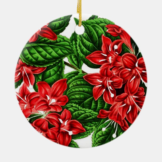 Red ginger flowers, vintage print ceramic ornament (Back)