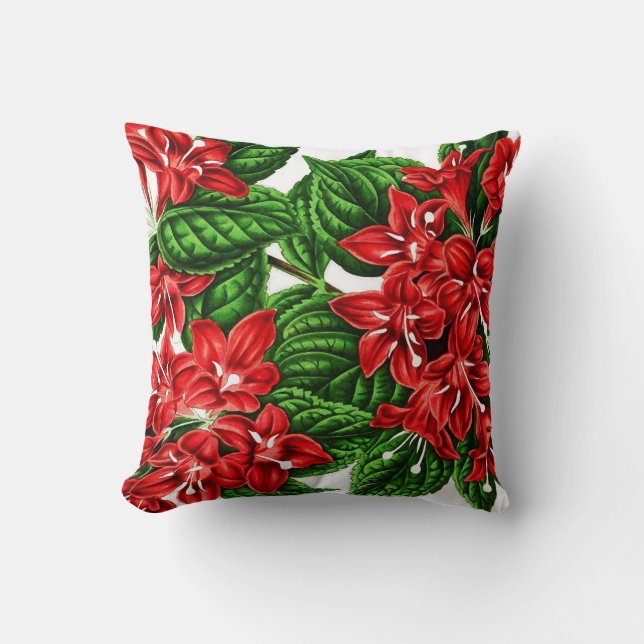 Red ginger flowers, vintage print throw pillow (Front)