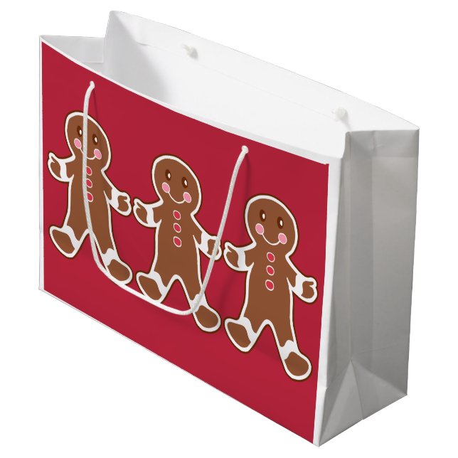 Red Gingerbread Boys Christmas Gift Bag (Front Angled)