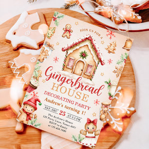 Red Gingerbread House Decorating Birthday Party Invitation