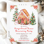 Red Gingerbread House Decorating Party Postcard<br><div class="desc">This elegant and festive gingerbread house decorating party invitation features a watercolor gingerbread house and beautiful red poinsettia flowers. The text combines handwritten script and sans serif fonts for a stylish and modern look. The snowman, decorated pine trees and holiday wreath add a festive touch. This is perfect for Christmas...</div>