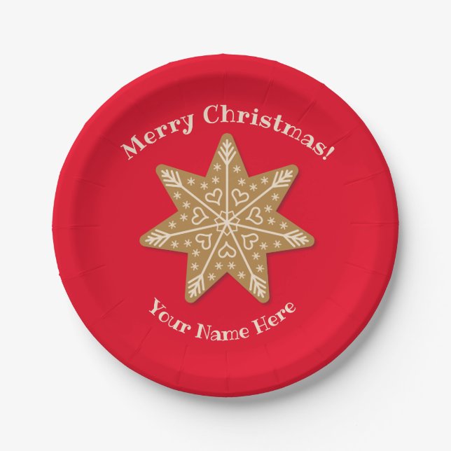 Red Gingerbread Snowflake Christmas Party Plate (Front)