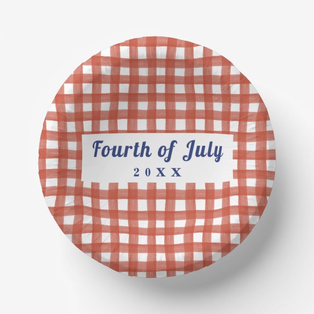 Red Gingham 4th of July Red White and Blue Paper Plate (Front)