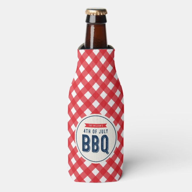 Red Gingham and Blue 4th of July BBQ Bottle Cooler (Bottle Front)