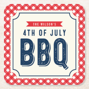 Red Gingham and Blue 4th of July BBQ Square Paper Coaster