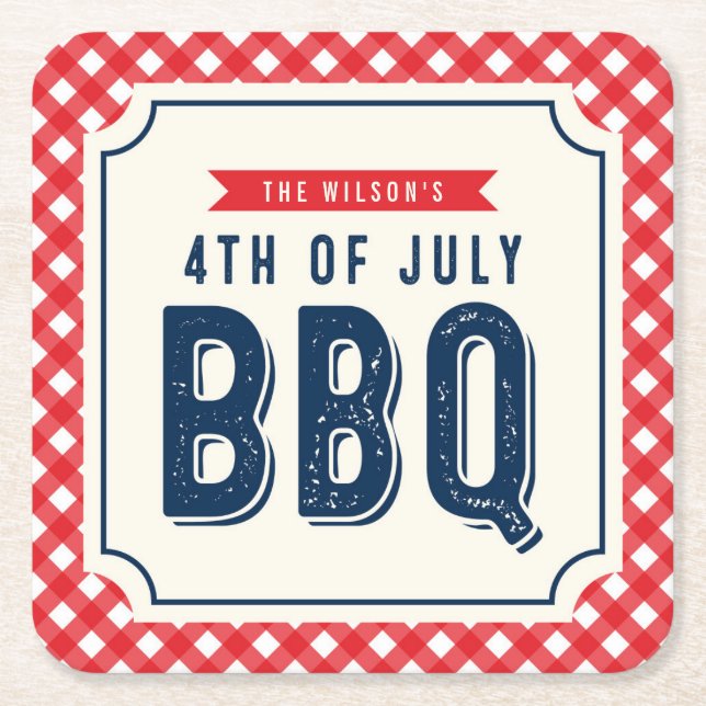 Red Gingham and Blue 4th of July BBQ Square Paper Coaster (Front)
