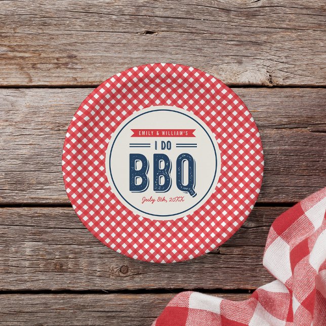 Red Gingham and Blue I Do BBQ Engagement Party Paper Plate (Creator Uploaded)
