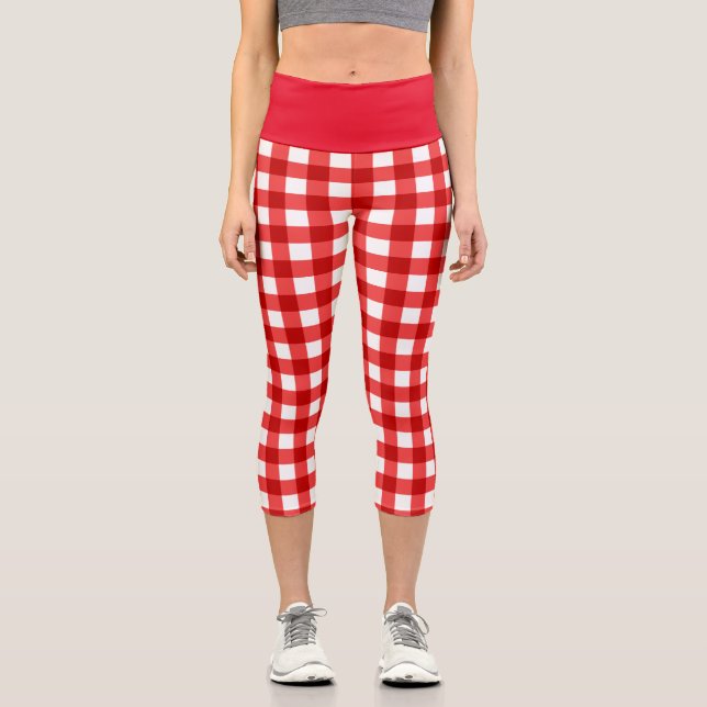 Red gingham and chequered pattern capri leggings (Front)