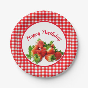 Red Gingham and Strawberries Birthday Party Paper Plate