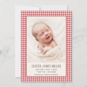Red Gingham Baby Birth Announcement Photo Card