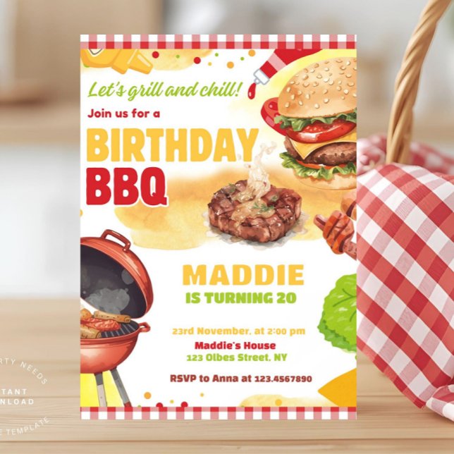Red Gingham Bbq Barbecue Birthday Party Invitation (bbq birthday invitation, barbecue invitation, cookout birthday party invite, red gingham, summer bbq)