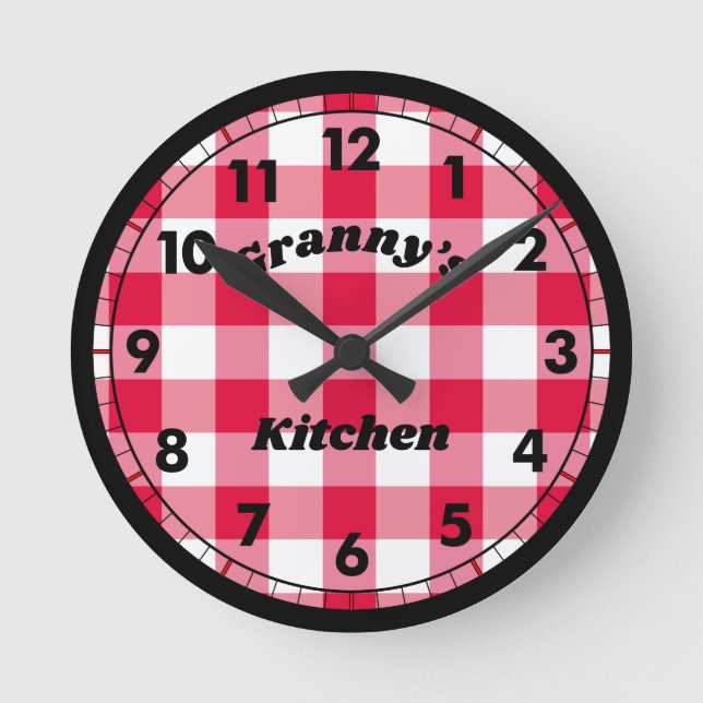 Red Gingham Black Retro Name Round Clock (Front)