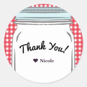 Red Gingham & Blue Mason Jar Rustic Country Favour Classic Round Sticker