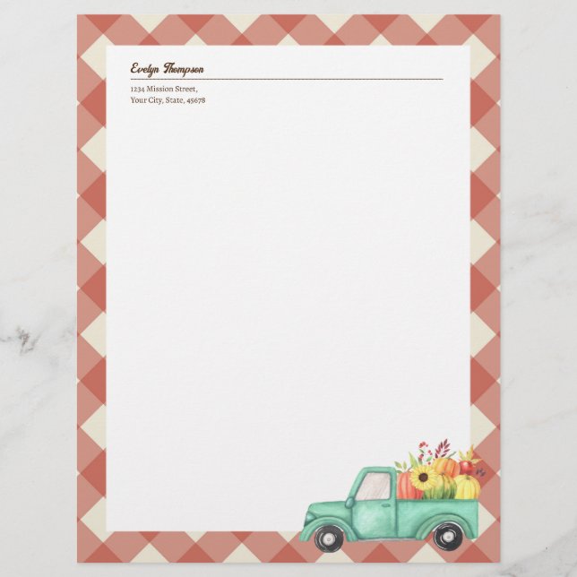 Red Gingham Blue Truck Autumn Fall Country Style Letterhead (Front)