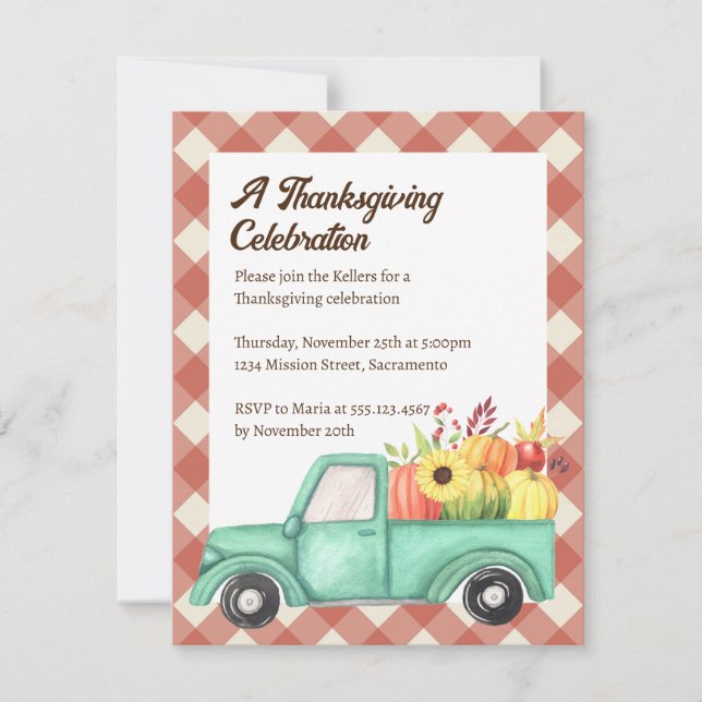Red Gingham Blue Truck Country Fall Thanksgiving Invitation (Front)