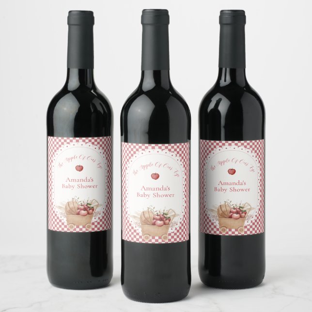 Red Gingham Boho Apple Of Our Eye Baby Shower Wine Label (Bottles)