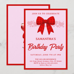 Red Gingham Bow Birthday Invitation