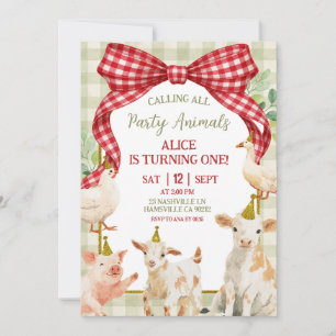 Red Gingham Bow Farm Animal 1st Birthday Invitation
