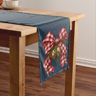 Red Gingham Bow Gold Bells Vintage Christmas Medium Table Runner