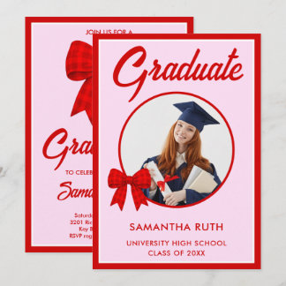 Red Gingham Bow Photo Graduation Party Invitation