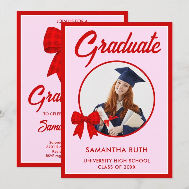 Red Gingham Bow Photo Graduation Party Invitation (Front/Back)