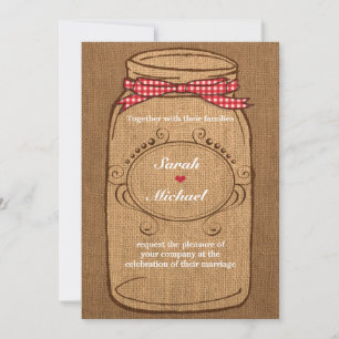 Red Gingham & Burlap Mason Jar Wedding Invitation