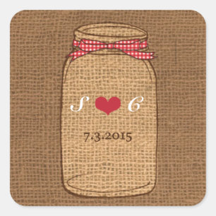 Red Gingham & Burlap Mason Jar Wedding Square Sticker