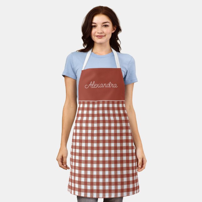 Red  Gingham Check Adult Personalized Cooking  Apron (Worn)