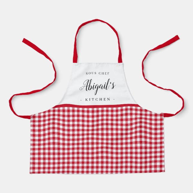Red gingham check child personalized cooking apron (Front)