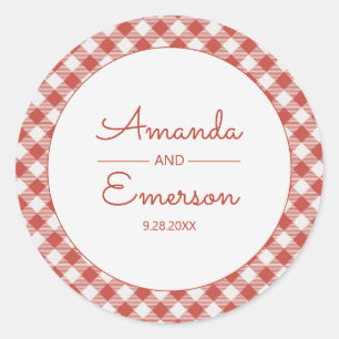 Red Gingham Check Fun Casual Custom Wedding Favour Classic Round Sticker