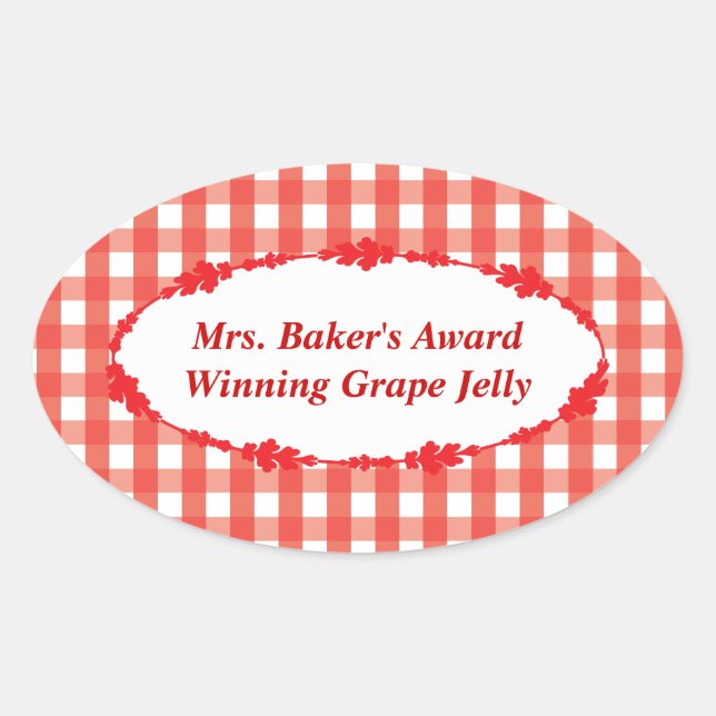 Red Gingham Check Pattern Oval Sticker (Front)