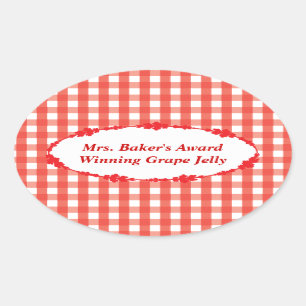 Red Gingham Check Pattern Oval Sticker