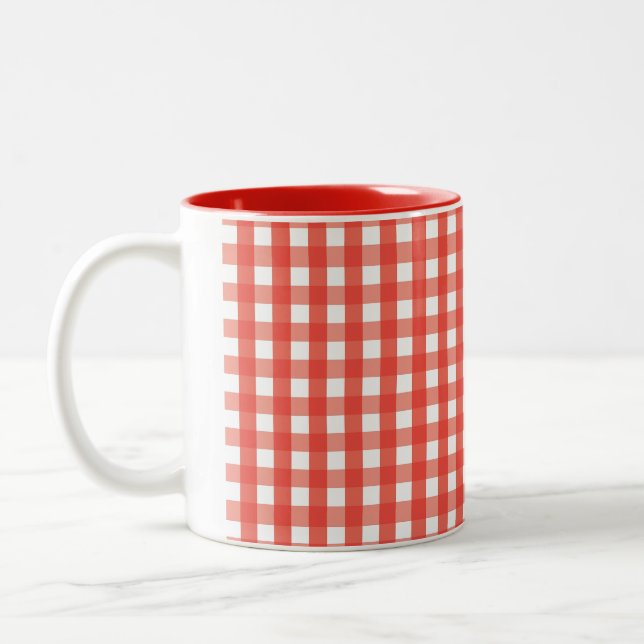 Red Gingham Check Pattern Two-Tone Coffee Mug (Left)