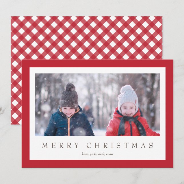 Red Gingham Check Plaid Photo Card for Christmas (Front/Back)