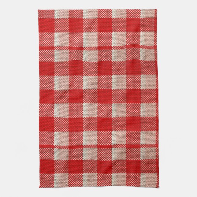 Red Gingham Chequered Pattern Burlap Look Kitchen Towel (Vertical)