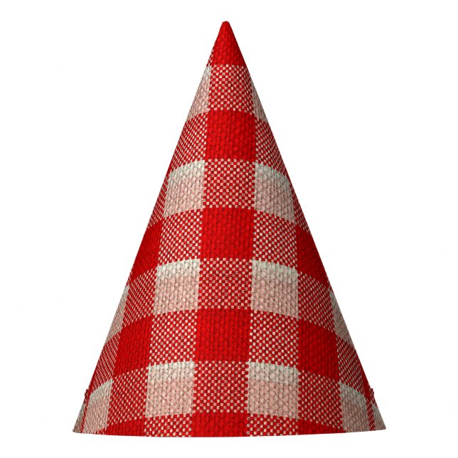 Red Gingham Chequered Pattern Burlap Look Party Hat (Front)