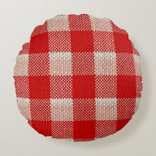 Red Gingham Chequered Pattern Burlap Look Round Pillow