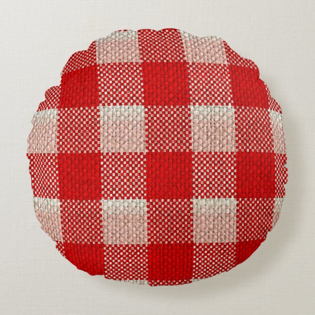 Red Gingham Chequered Pattern Burlap Look Round Pillow (Front)