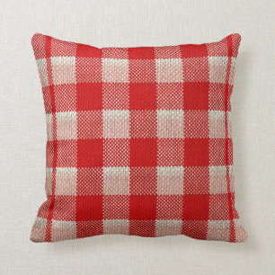 Red Gingham Chequered Pattern Burlap Look Throw Pillow