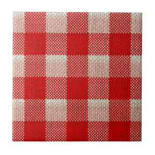 Red Gingham Chequered Pattern Burlap Look Tile