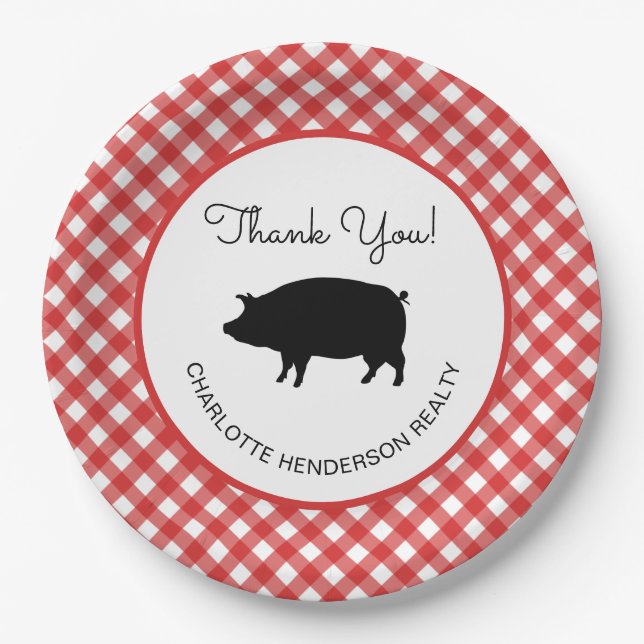 Red Gingham Chequered Pig Roast BBQ Party Paper Plate (Front)